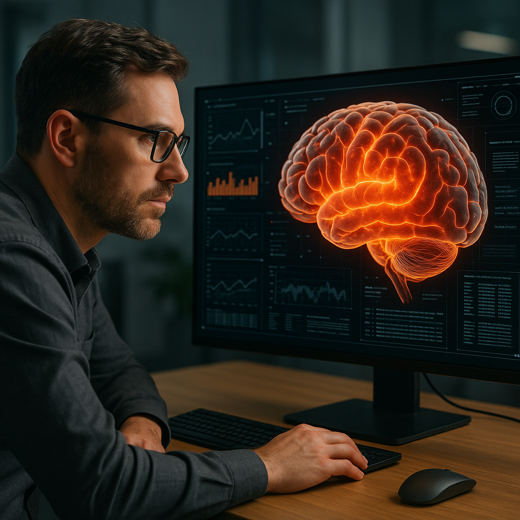 A split-screen showing a user selecting numbers on a modern digital lotto interface and brain scans of neural activity during decision-making