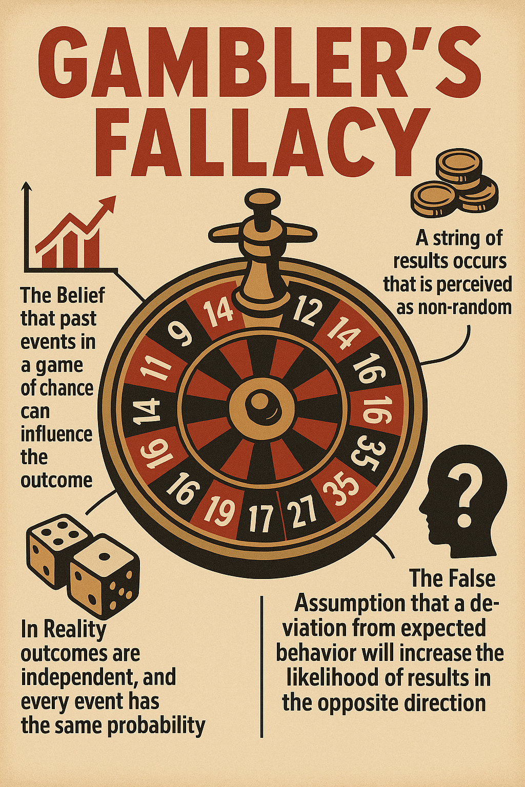 An infographic illustrating the gambler’s fallacy, featuring a sequence of coin flips and misunderstandings about probability